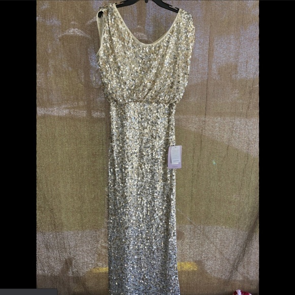 NWT JS Collections Blouson Bodice Sequin Mesh Gown in Gold/Silver [SZ‎ 4 ] - Picture 3 of 11